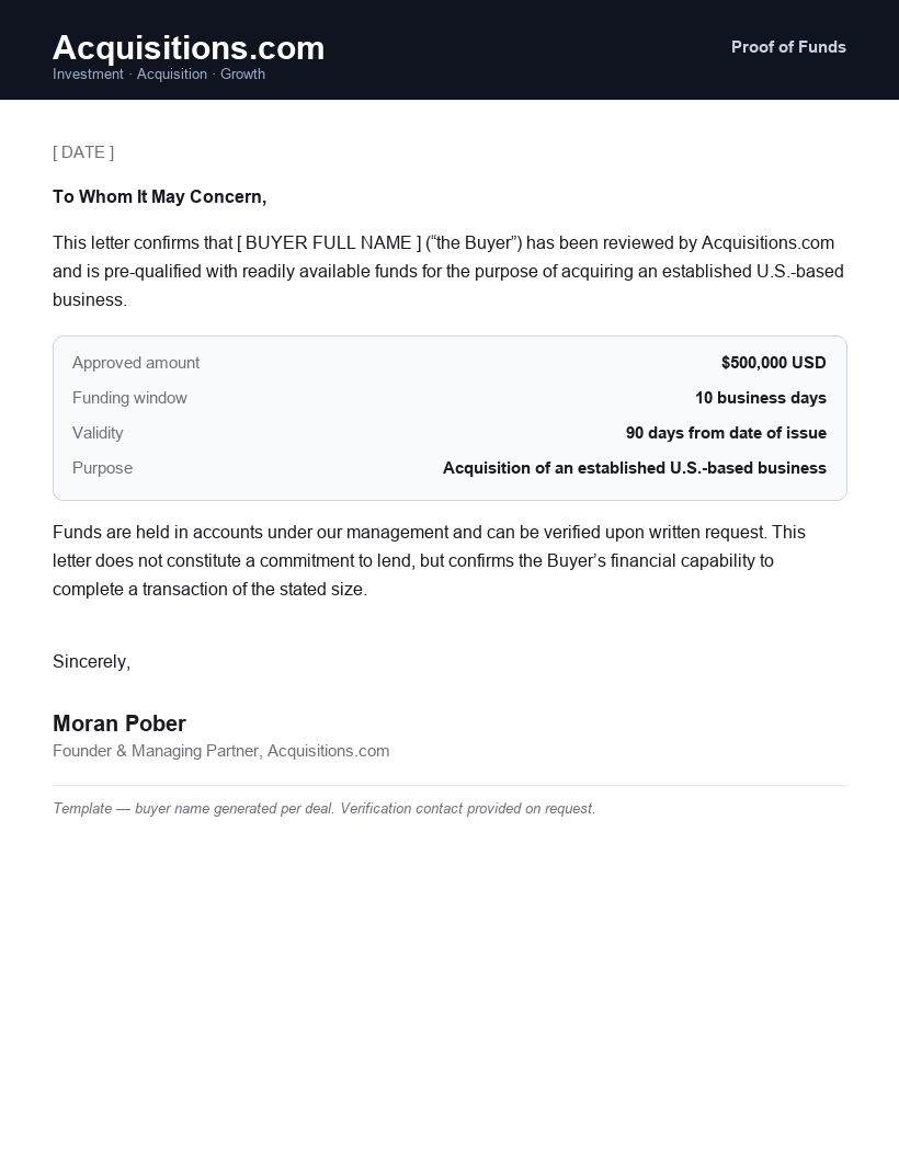Proof of funds letter template